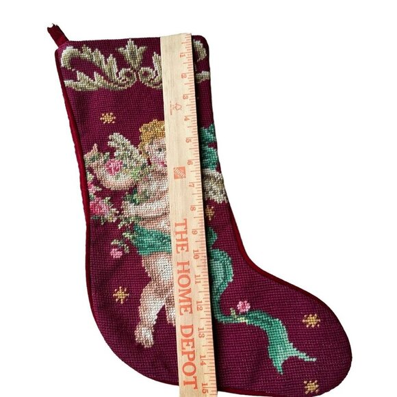 VTG 1991 100% Wool Needlepoint Embroidered Angel Cherub Stocking Christmas Décor - Picture 4 of 10